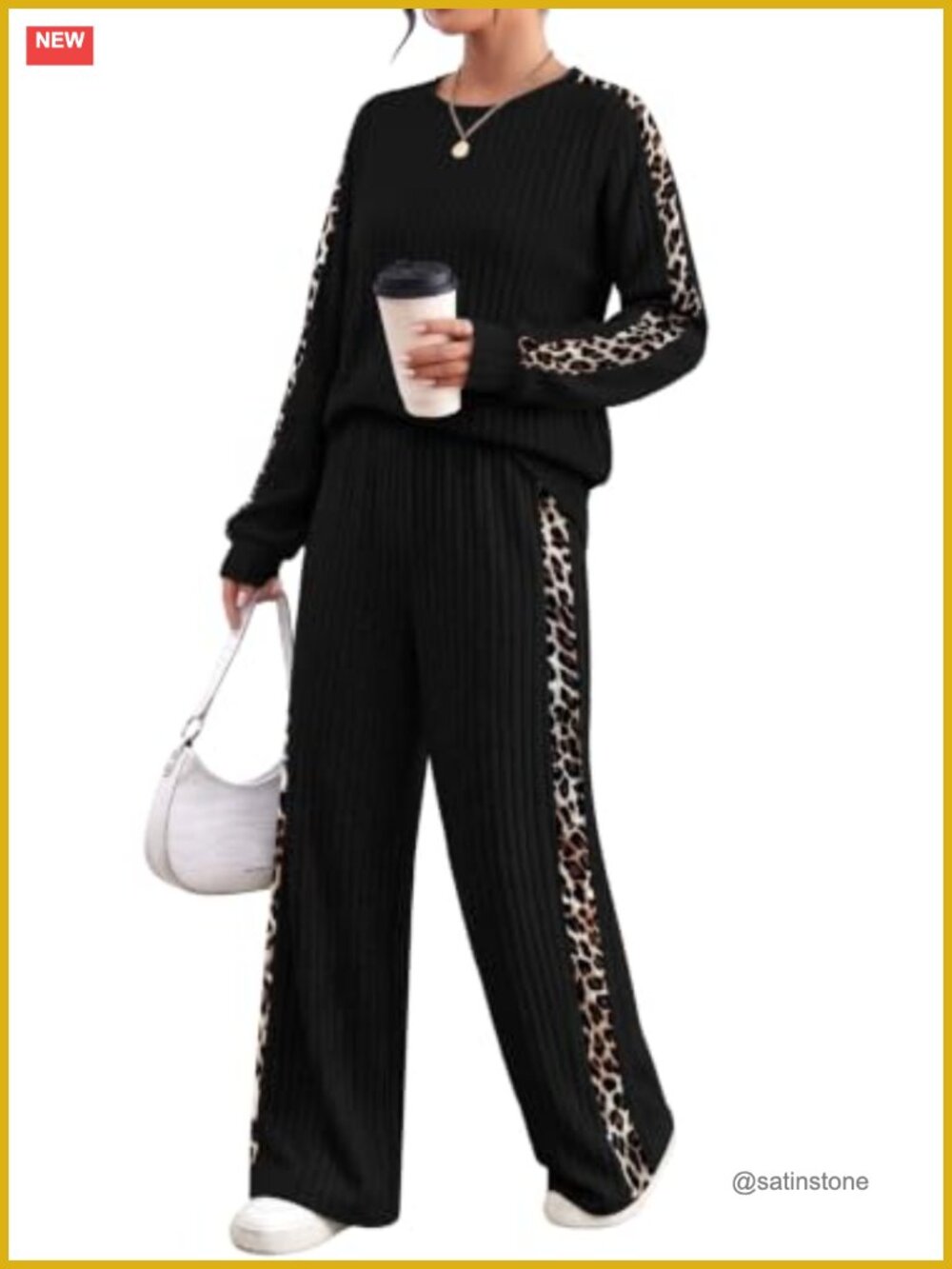 WIHOLL Women's 2 Piece Lounge Set Long Sleeve Top Wide Leg Pants Ribbed Knit